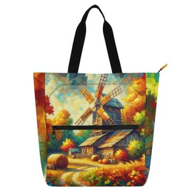 Imagem de Moinho de vento outono floral bolsa de trabalho para mulheres bolsas de lona bolsas faculdade escola professor livro amante presente