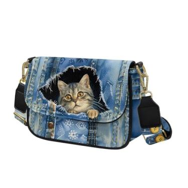 Imagem de BIGCARJOB Bolsa de ombro mini bolsa transversal feminina quadrada bolsa clutch de couro, Gato fofo, 9" x 3" x 6"