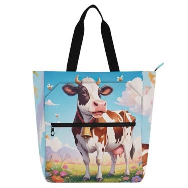 Imagem de GAIGEO Sacola feminina de desenho animado de vaca colorida para trabalho, lona, escola, com zíper, bolsas para professores, amantes de livros