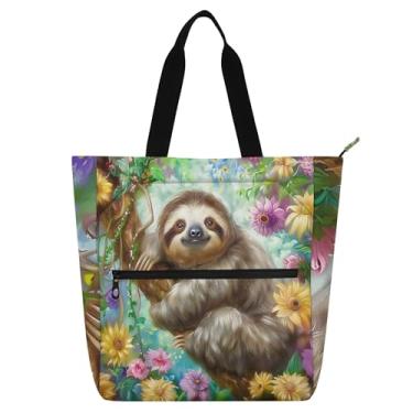 Imagem de GAIGEO Sacolas femininas florais de preguiça para trabalho de lona com zíper bolsa de praia para professores com compartimentos