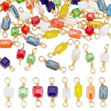 Imagem de HOBBIESAY 48 peças de pingentes de conector de vidro de ouro 18 quilates, pingente de cristal retangular, elos retangulares, pingentes de pulseira de 8 cores para fazer joias, brincos, pulseiras