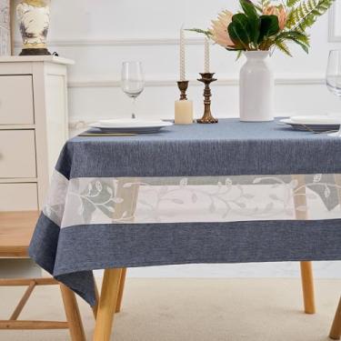 Imagem de youngseahome Toalha de mesa de tecido resistente com borda de renda bordada requintada - à prova d'água/resistente a vincos - para jantar, interior e exterior, casamento, férias, azul jeans