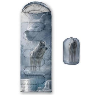 Imagem de AILONEN Saco de dormir 3D lobo branco para meninos e crianças, clima quente e frio, leve, mochila à prova d'água, saco de dormir de animais selvagens de floresta de inverno para acampamento