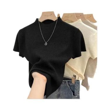 Imagem de Suéter Feminino De Tricô Gola Alta Slim Fit Manga Curta Bodycon Pulôve