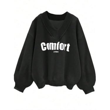 Imagem de Moletom feminino grande com decote em V - preto Comfort In Paris gráfico pulôver com mangas bufantes para uso casual, Preto, Large