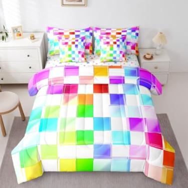 Imagem de jejeloiu Jogo de cama de 7 peças de videogame geométrico, tamanho solteiro, gamepad, quadriculado, para meninos e meninas, conjunto de edredom com tema pixelado com lençóis, fronhas e capa de almofada