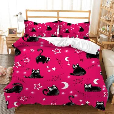 Imagem de AILONEN Conjunto de capa de edredom de gato preto kawaii, solteiro, desenho animado estrelas e lua para meninas, capa de edredom rosa com estampa de gatinho fofo com 2 fronhas, 3 peças