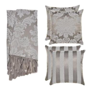 Imagem de Kit Manta para Sofá Jacquard 1.8x1.4m + 4 Capas de Almofada 45x45cm - Conjunto Protetor e Decorativo com Franjas Artesanais(Cinza e Cru 72)