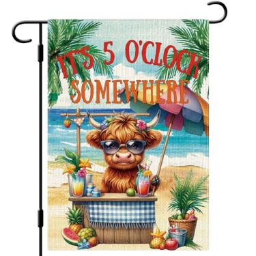Imagem de DLZDN Bandeira de verão highland vaca jardim It's 5 O'Clock Somewhere bandeira 30 × 45 cm dupla face vertical serapilheira praia tropical oceano fazenda quintal placa sazonal decoração ao ar livre