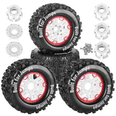 Imagem de RCMYou RC Wheels and Tires Set(4PCS) for 1/10 Kraton Outcast 4S/Maxx/T-Maxx/E-Revo/Summit RC Monster Truck etc,17mm Hex 1/8 1/10 Tires and Wheels/Plastic Rims,Red and White