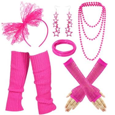 Imagem de Blulu Acessórios femininos para fantasia dos anos 80, renda, faixa de cabeça, brinco, luva arrastão, polainas, colar e pulseira para festa dos anos 80, Vermelho rosa, One Size