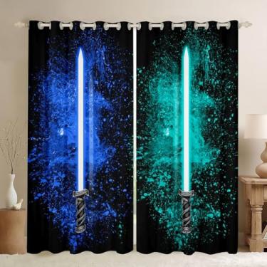 Imagem de Feelyou Cortinas de sabre de luz para meninas, meninos, decoração de casa, sabre de luz, bolso para varão, isolamento térmico, azul, azul-petróleo, 2 painéis, cortinas escurecidas para quarto, sala de