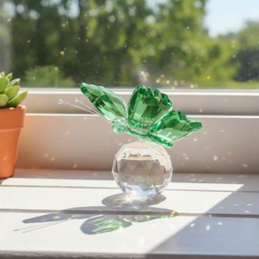 Imagem de Ornamento de estatueta de borboleta de cristal - ornamento de borboleta de vidro voador com base de bola para decoração de mesa, presente para mulheres, verde