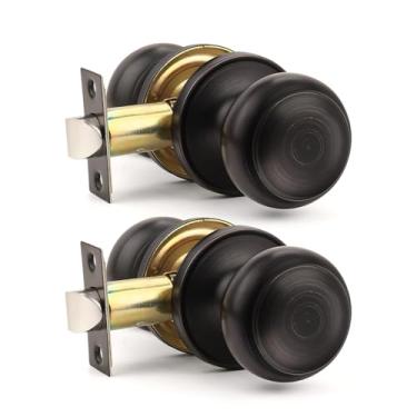 Imagem de Orger Pacote com 2 maçanetas de porta de passagem de bronze de borracha óleo interior, maçanetas clássicas de bronze de forma redonda sem trava, fechadura de porta de design moderno sem chave para