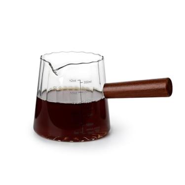 Imagem de Denovin Copo medidor de vidro, cafeteira de 350 ml com cabo de madeira, bico criativo em forma de V, jarra de leite para espumar jarra de café (transparente)
