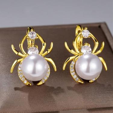 Imagem de 2 brincos elegantes de pérolas falsas em forma de aranha incrustados com strass, feitos de cobre banhado a ouro, adequados para uso diário