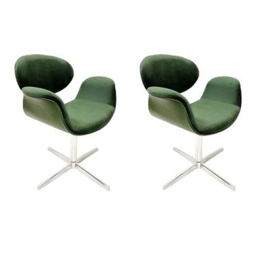Imagem de Conjunto 2 Cadeiras Tulipa Verde Estofada com Braço base Giratória em 