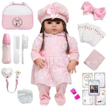 Imagem de Bebe Reborn Menina 100% Silicone Olho Castanho 20 Acessórios - Cegonha