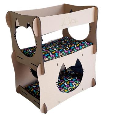 Imagem de Caminha Casinha Pet Mdf Gato Dois Andares + 2 Comedouro - IMGROPPO