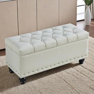 Imagem de End of Bed Bench with Storage, Solid Wood Frame, Technical Fabric Upholstery, Sturdy Legs, Hidden Storage, High-resilience Foam Filling, Suitable for Bedrooms(White,100 * 40 * 45cm/39 * 16 * 18in)