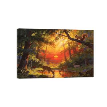 Imagem de Impressão em tela de paisagem de arte de parede - Animais da floresta pôr do sol - Pintura de decoração - Imagens para sala de estar pronta para pendurar tela emoldurada 30 x 45 cm 12 x 18 pol