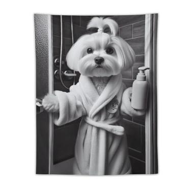 Imagem de Tapeçaria de roupão maltês preto branco cena de chuveiro bonito animal de estimação arte pendurar na parede decoração de casa de banho quarto ambiente alegre tapeçaria 76 x 101 cm