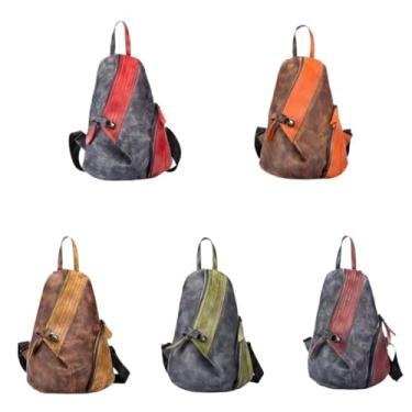 Imagem de Transversal Mochila feminina de couro de grão superior – Bolsa de viagem casual retrô com bloco colorido(Black and green)
