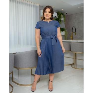 Imagem de Vestido Cristão Jeans Leve Plissado Rodado - Boni'Ta, Azul, Aço, G2