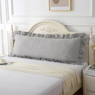 Imagem de Silnuo Fronha de travesseiro de corpo xadrez cinza/branco com babados, 1 peça de capa de travesseiro xadrez gasto de algodão lavado 51 x 137 cm