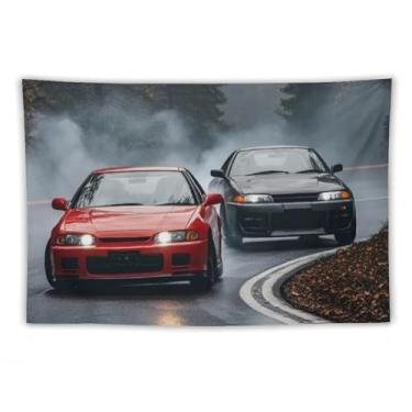 Imagem de HouLaiZhe JDM Tapeçaria de carro Drift carro esportivo R32 Vs S15 legal Jdm pendurado na parede quarto decoração de casa tapeçarias estética piquenique decoração de parede arte de parede para