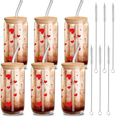 Imagem de Yetene 6 peças de copos de vidro para dia dos namorados com tampas e canudos 473 ml, copos, copos de café gelado, presente de coração para mãe, esposa, mulheres, amigas, casamento, aniversário