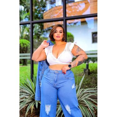 Imagem de Calça Jeans Feminina  Plus Size Wideleg Destroyed Cintura Alta 