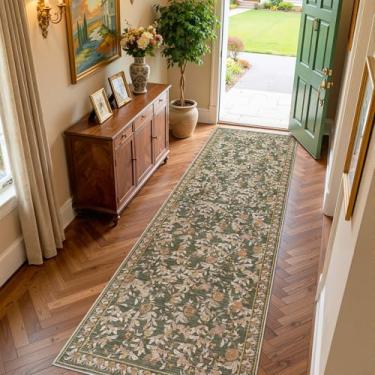 Imagem de jinchan Eden Tapete floral lavável, tapete de entrada 7,5 x 25,4 cm, vintage, leve, macio, antiderrapante, interior, baixo perfil, desgastado, tapete verde para cozinha, corredor, quarto, entrada