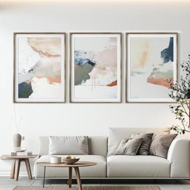 Imagem de Conjunto de 3 impressões abstratas minimalistas emolduradas com pinceladas, pôster, imagens abstratas, pintura de parede em tela abstrata para decoração de quarto de casa com moldura interna