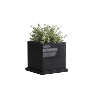 Imagem de KEG801302 Vaso de flores, plantador de cimento, simples, criativo, suculenta, verde, quadrado, pequeno, perfurado, respirável, com bandeja, vaso de cimento personalizado (preto, pequeno)