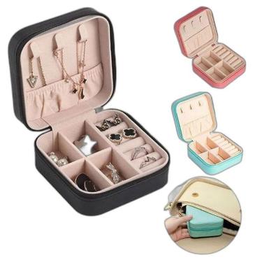 Imagem de Porta Jóias Portátil Viagem Estojo Maleta Caixa Couro Zíper