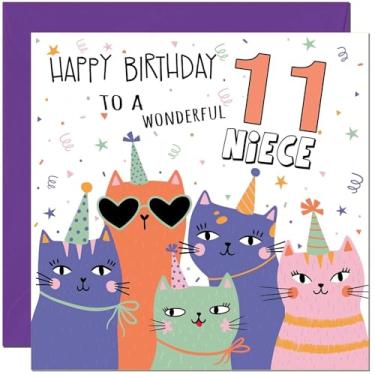 Imagem de Cartões de aniversário 11th Niece - Cartão de aniversário de sobrinha de gato fofo para crianças de 11 anos, onze, décimo primeiro