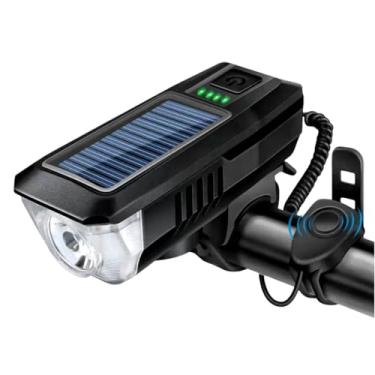 Imagem de Bateria multifuncional alimentada por energia solar e recarregável por USB, mountain bike, luz noturna de alto brilho, luz frontal para bicicleta e buzina de 120 dB (preto)