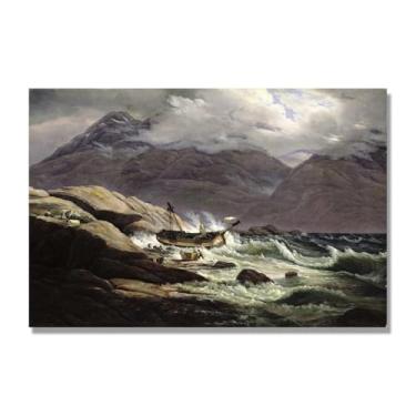 Imagem de NHLDZYH J.C. Dahl Reprodução de arte famosa, arte em tela de paisagem romântica nórdica, decoração de parede elegante para sala de estar e escritório. (Naufrágio 5). 50 x 75 cm - 19,7 x 29,6 pol