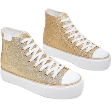 Imagem de ALTOCIS Tênis feminino confortável de plataforma de cano alto, casual de cano médio, tênis moderno de camurça sintética, tênis clássico de caminhada com cadarço, Glitter dourado, 36