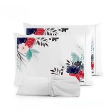 Imagem de Kit Jogo De Cama Lençol Liso Fronha Estampada Micropercal 400 Fios Ponto Palito(Flor Vermelha Lençol Branco,Casal King 03 Peças)