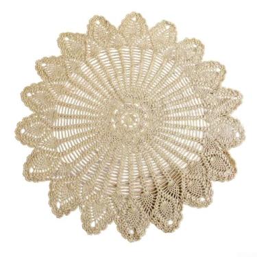 Imagem de Toalha de mesa de algodão vazada vintage feita à mão, tecido elegante de malha redonda para decoração de mesa de jantar, cor de café, 75 x 80 cm, para festa de casamento e reunião de família (café de