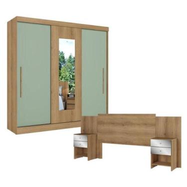 Imagem de Guarda Roupa Casal Vision Glass 3 Portas Capuccino Menta Com Cabeceira