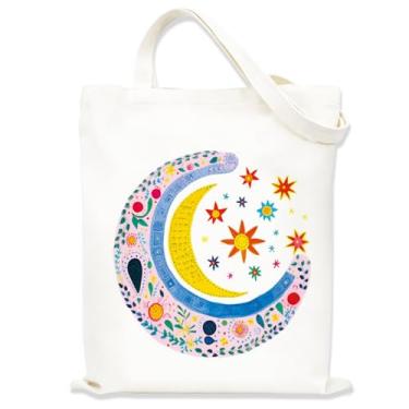 Imagem de Boho Moon Sun Bolsa estética para mulheres e meninas, bolsas de tecido com alças, sacola temática de fantasia, sacolas fofas para mulheres, bolsa de compras reutilizável para viagens, compras