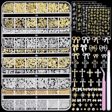 Imagem de 5 caixas de unhas de metal dourado e prata 3D Punk Studs Star Cross Bow Gems e pequenas contas de caviar pérolas strass joias de arte de unhas com pinças e pincel de unha e um seletor de caneta de