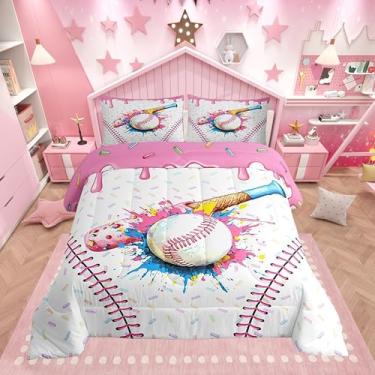 Imagem de Manfei Jogo de cama casal com tema de beisebol sorvete, sorvete, 3 peças, para todas as estações, decoração de quarto de crianças, meninos e meninas, 2 fronhas, sem lençol