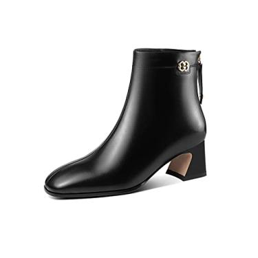 Imagem de TinaCus Bota feminina de couro legítimo, bico quadrado, feita à mão, com zíper nas costas, salto baixo grosso, casual, cano curto, Preto, 38