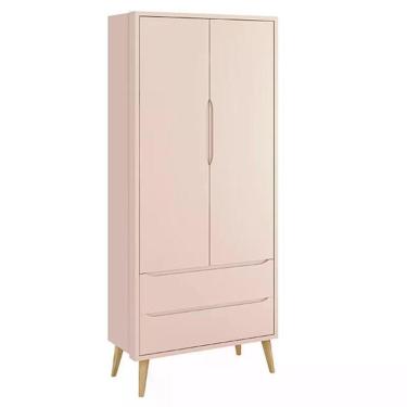 Imagem de Guarda Roupa Infantil Theo 2 Portas Rosa Fosco Com Pés Madeira Natural - Reller Móveis Rosa Fosco
