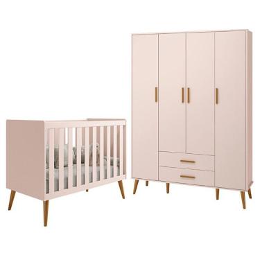Imagem de Jogo De Quarto Infantil Isis Guarda Roupa 4 Portas E Berço Rosa - Reller Móveis Rosa