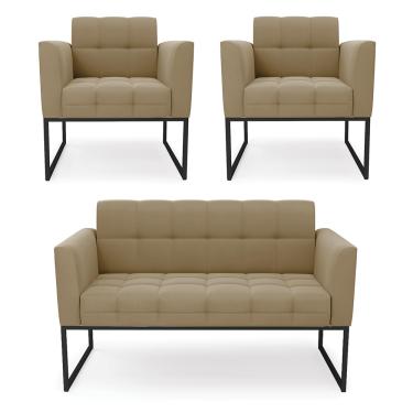 Imagem de Kit 1 Sofá Namoradeira e 2 Poltronas Elisa Suede Marrom Rato Base Metálica Industrial Preto D03 - D'Rossi